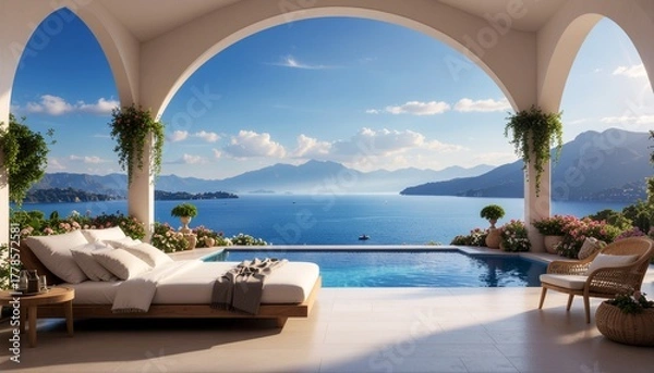 Fototapeta A beautiful terrace facing a calm lake surrounded by mountains under a bright sky, captured in realistic detail