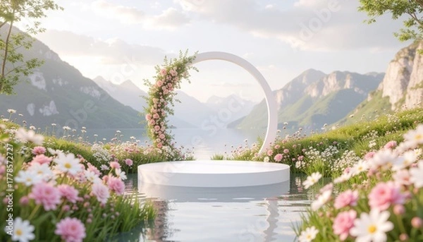 Fototapeta Clear mountain stream flowing through a meadow surrounded by vibrant flowers and grass