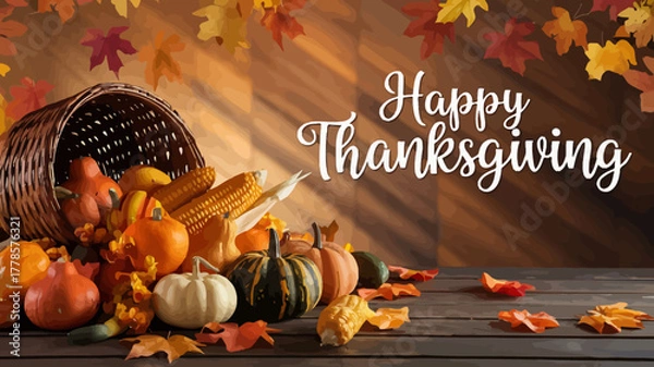 Fototapeta Vector art of happy thanksgiving greeting with a cornucopia overflowing with pumpkins, corn, and gourds on a rustic wooden table with autumn leaves