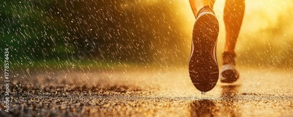 Fototapeta Fitness exercise regimen concept. A person jogging in the rain during a vibrant sunset backdrop.