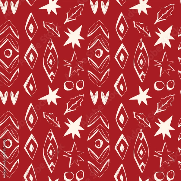 Fototapeta Red scandinavian christmas pattern with stars holly leaves hearts and geometric ornaments minimal nordic seamless vector