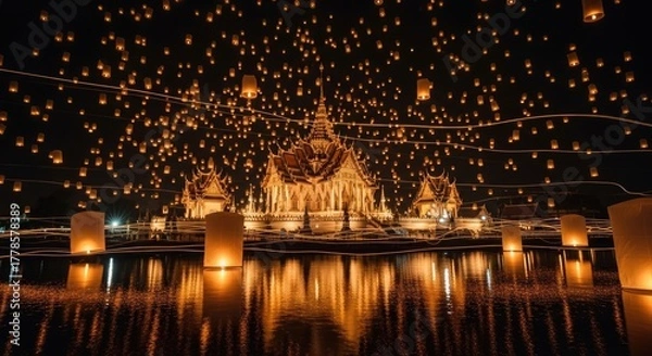 Obraz Spectacular Sky Lantern Festival Lights Up the Night with the Beautiful Reflections of a Thai Temple in the Water