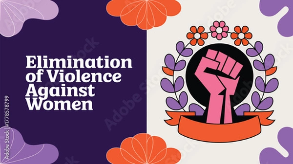 Fototapeta Vector art of graphic illustration for the elimination of violence against women, featuring a raised fist and floral elements