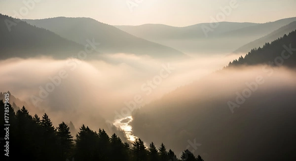 Obraz Misty mountain valley sunrise with river below