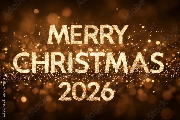 Obraz Sparkling Golden Background with Bold Festive "Merry Christmas 2026" Typography, Luxury Holiday Celebration