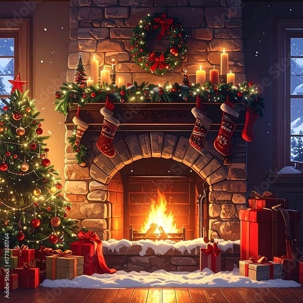 Obraz A warm, cozy holiday scene featuring a lit fireplace, decorated Christmas tree, and festive stockings. Snow falls gently outside the windows