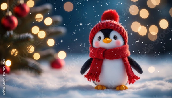 Fototapeta A penguin in a winter landscape with festive decorations in a red hat and scarf on the background of a Christmas tree. Celebrating Christmas and New Year