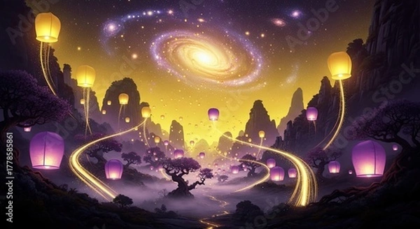Obraz Mystical Lantern Festival: A Journey Through a Dreamscape of Floating Lights Underneath a Swirling Galaxy and Mountainous Landscapes Filled with