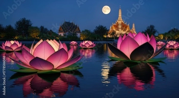 Obraz Serene Nightscape of Illuminated Lotus Flowers and a Temple Under the Moonlight, Capturing the Beauty and Tranquility of Asian Culture