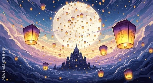 Obraz Spectacular Lantern Festival Overlooking a Majestic Castle, Illuminated by a Radiant Full Moon and Dreamy Sky, a Breathtaking Visual Delight