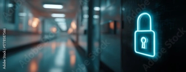 Fototapeta Digital lock icon symbolizing security in hospital corridor environment  