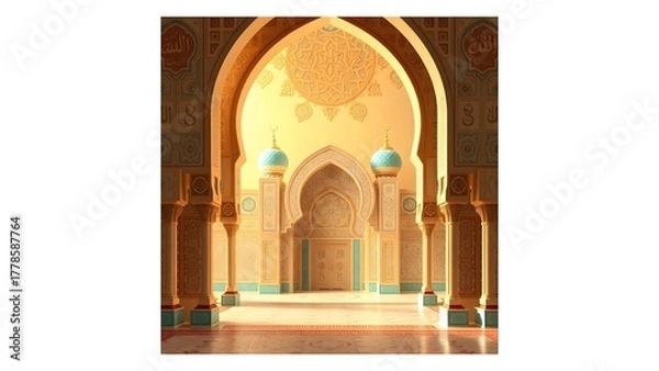 Fototapeta Entrance to the mosque, a modern 3D Islamic background. A serene interior of a mosque featuring intricate arches and vibrant geometric patterns.