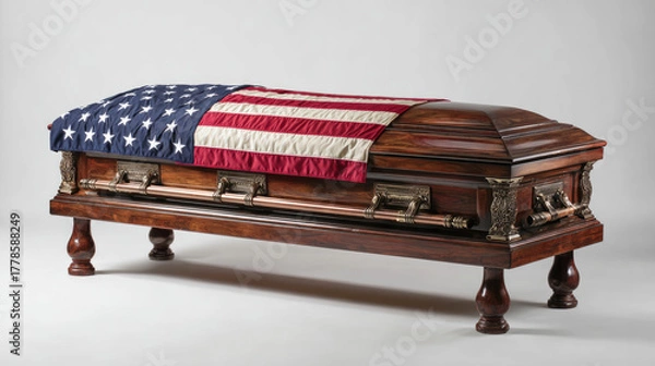 Fototapeta Solemn flag-draped wooden coffin during funeral ceremony, honoring fallen heroes with respect, mourning, tribute, and patriotic remembrance on display
