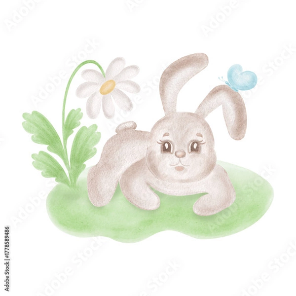 Fototapeta Cute little bunny with daisy flower on lawn. Watercolor rabbit with chamomile illustration for Easter card. Hand-drawn isolated hare, smiling character for baby shower design. Clip art funny animal.