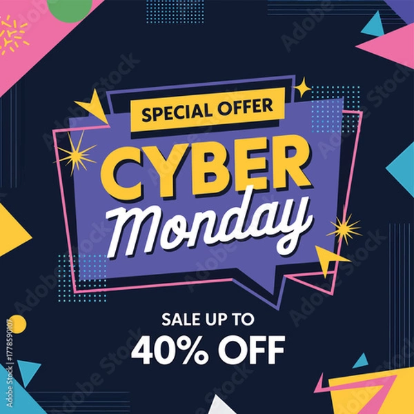 Fototapeta Vector art of cyber monday special offer with sale up to 40 off, featuring bold typography and geometric shapes on a dark background, perfect for online retail promotions