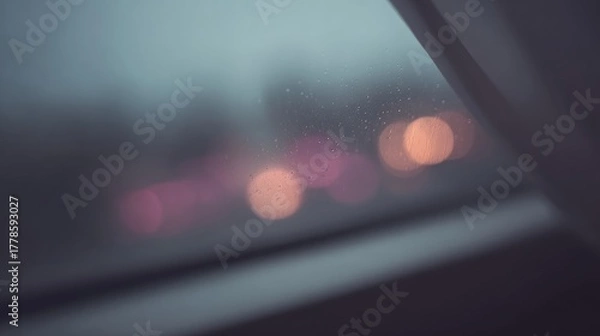 Fototapeta A blurred view through a rain-streaked window, showcasing soft, colorful lights and an atmospheric, moody ambiance.