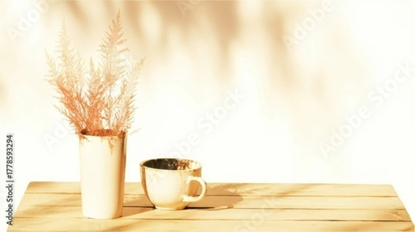 Fototapeta A serene image featuring a potted fern and a cup on a wooden table, bathed in soft, warm light, creating a calming atmosphere.