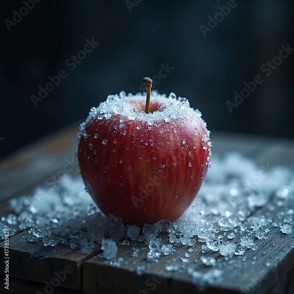 Obraz Fresh Red Apple with Water Droplets on Ice Bed at Dark Background