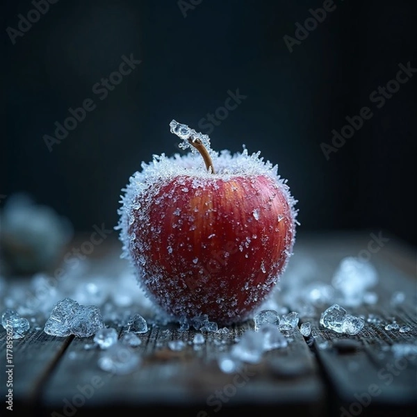 Obraz Frosted Red Apple with Ice on Wooden Surface in Cool Lighting