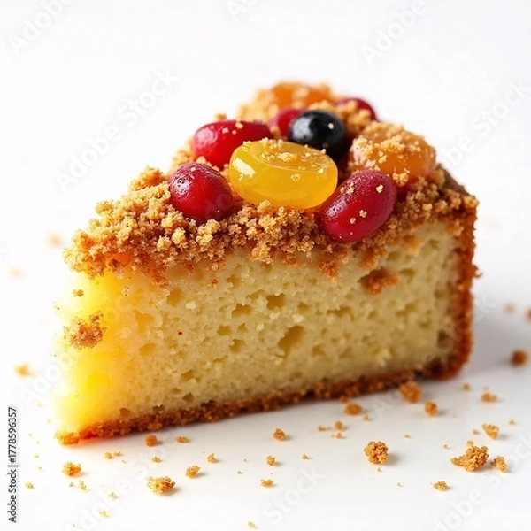 Obraz Delicious Fruit Topped Cake Slice on White Background