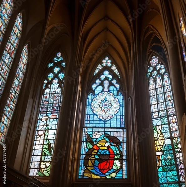 Obraz Intricate Stained Glass Windows in Historic Cathedral Interior