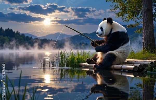 Obraz Panda Fishing at Sunrise in a Serene Natural Landscape Scene