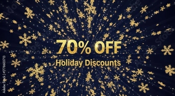 Obraz Golden snowflakes falling with 70 off holiday discounts on dark blue background