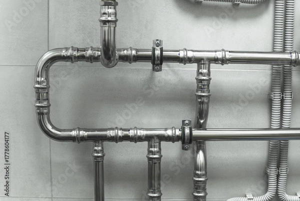 Fototapeta Metal pipe connections. Industrial abstraction. Infrastructure and maintenance concept for safety and efficiency.