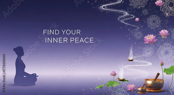Obraz Find your inner peace with lotus flower and singing bowl on purple background
