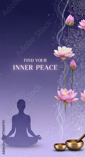Obraz Find your inner peace with lotus flower and singing bowl on purple background