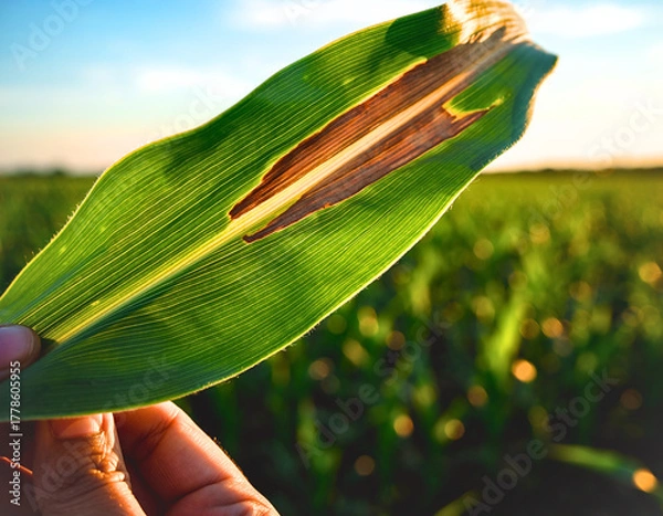 Obraz Hand Inspecting Corn Leaf with Disease Lesion in Field Sunset