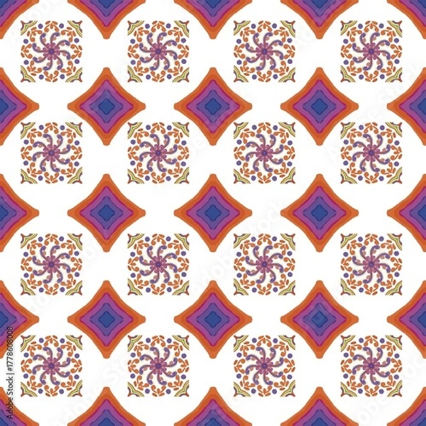 Obraz Seamless fabric pattern, Bohemian, Purple Orange, White, Geometric, Antique, Native American, Fabric, Background 