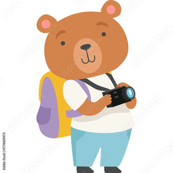 Obraz Cartoon illustration of a cute brown bear wearing a yellow backpack and holding a camera ready for an adventure with a transparent background
