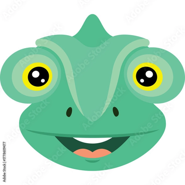 Obraz Cartoon illustration of a happy green chameleon face with big yellow eyes and an open mouth set against a transparent background representing a friendly reptile character