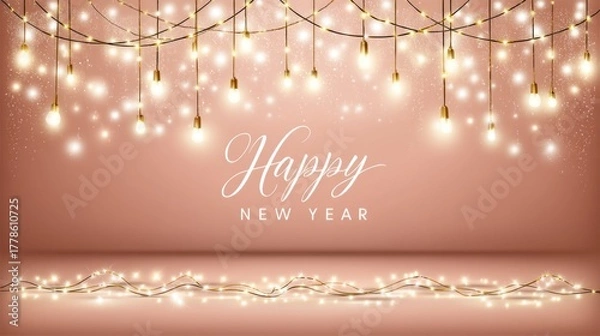 Fototapeta Elegant New Year Decoration with Glowing Fairy Lights and Sparkling Background for Celebratory Events