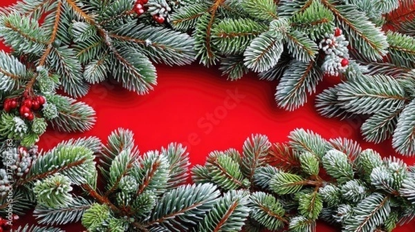 Fototapeta Festive Christmas Wreath with Snowy Pine Branches and Red Background for Holiday Decoration and Celebration