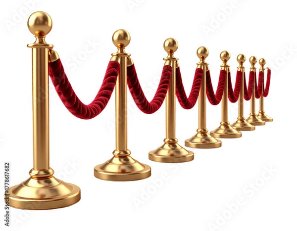 Fototapeta Golden Stanchions with Red Velvet Rope, Frontal View, VIP Barrier PNG