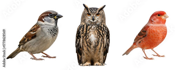 Obraz House Sparrow Owl and Bright Orange Canary Lined Up Facing Forward on transparent background Wildlife Bird Trio Composition Isolated Illustration Ornithology