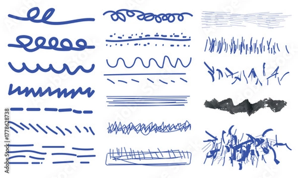 Fototapeta Collection of Hand-Drawn Blue and Black Brush Strokes and Lines — Expressive Sketchy and Textured Line Art