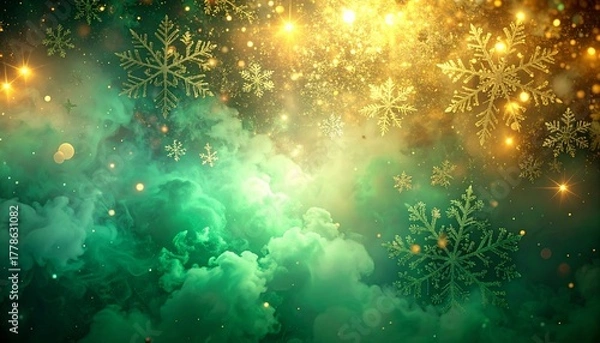 Obraz Festive Winter Wonderland Shimmering Snowflakes Amidst Emerald and Golden Hues, Christmas Background