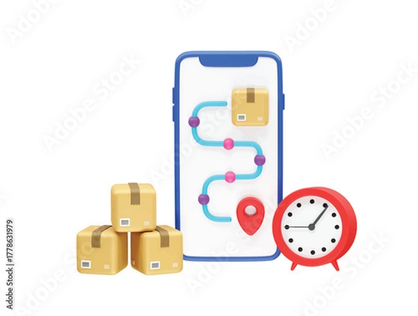 Obraz Real-time Package Delivery Tracking on Smartphone with Boxes and Clock icon 3d illustration