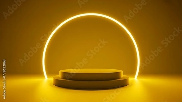Fototapeta A yellow podium with a glowing ring, perfect for product presentation