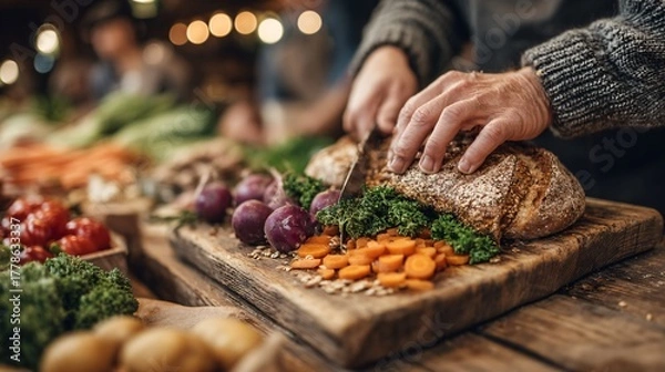 Fototapeta Freshly Sliced Bread and Vibrant Vegetables on Rustic Wooden Table