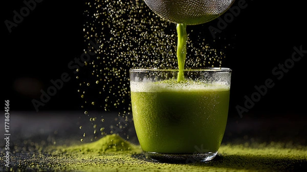 Fototapeta Matcha powder being sifted into glass with vibrant green tea pouring, fine particles scattering and creating energizing, fresh mood