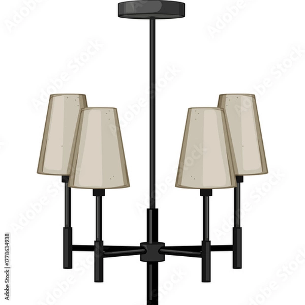 Fototapeta Modern Chandelier With Four Beige Lampshades And Black Metal Fixture In Simple Vector Art Style On Transparent Background