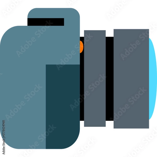 Fototapeta Modern Digital Camera Illustration With Blue Accents And Orange Lens Detail On A Transparent Background Flat Design Style