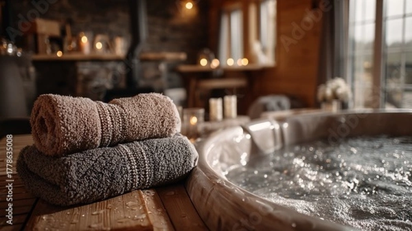 Obraz Cozy Indoor Spa with Towels and Relaxing Atmosphere in Cabin