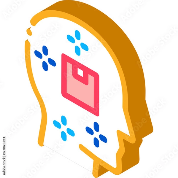 Fototapeta Isometric human head profile with abstract shapes and square inside representing thoughts or ideas in a golden brown color with blue and pink accents clean design