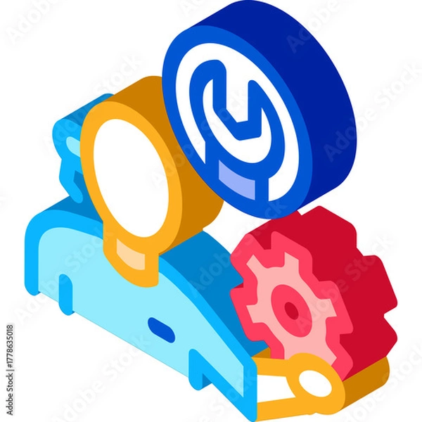 Fototapeta Isometric human figure with wrench and gear icons representing technical service and mechanical engineering services in blue and orange colors with a transparent background