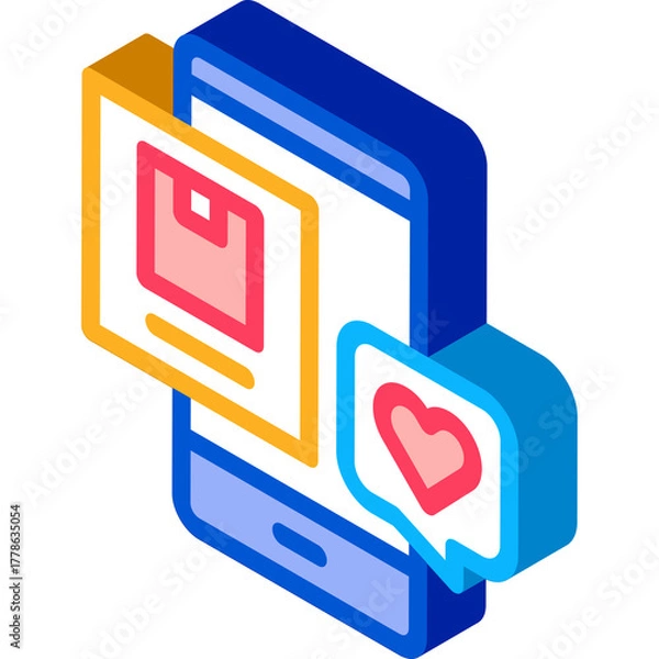 Fototapeta Isometric illustration of a smartphone displaying a package icon and a heart icon with a white background symbolizing online shopping and user engagement